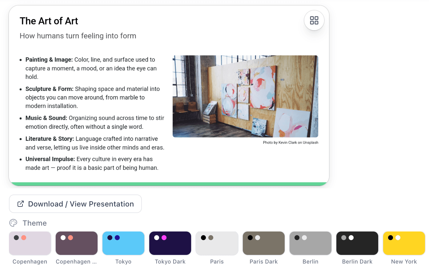 SlidesGPT builds the deck right inside the chat. Every slide has buttons to download it, switch the layout, or change the theme.
