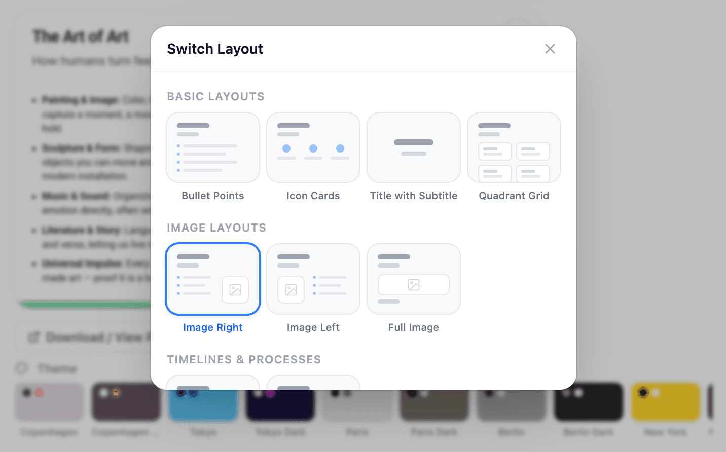 Click the layout button on a slide to pick a different arrangement, such as image left, full image, or a quadrant grid.