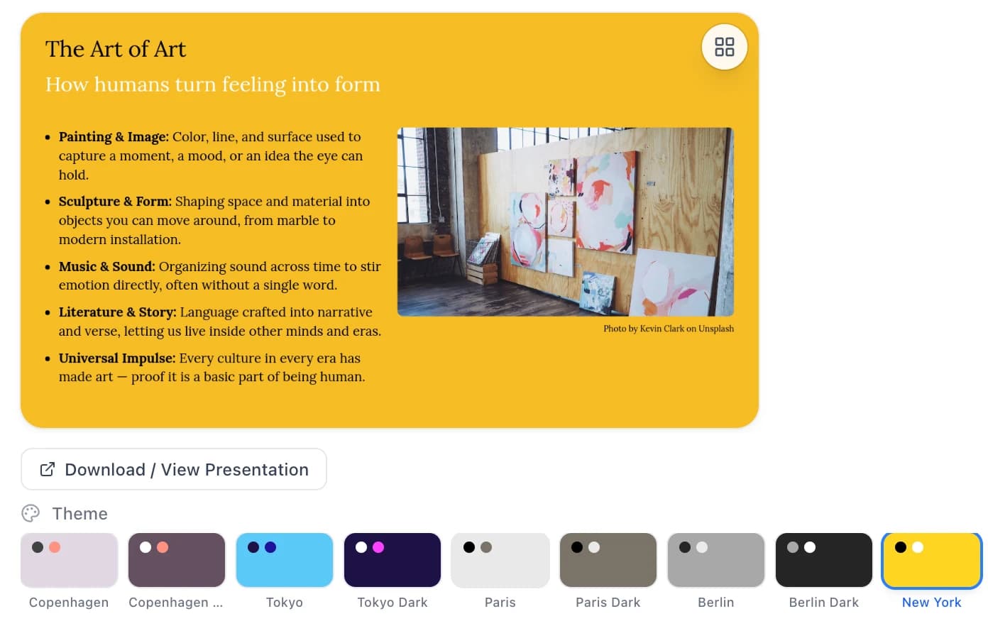 Choose any theme and the whole deck restyles in one click. Here it switched to the New York theme.