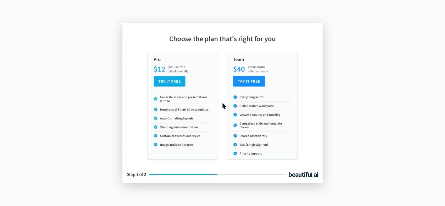 Beautiful.ai's onboarding plan wall: Pro at $12 per user per month and Team at $40, both billed annually, with two TRY IT FREE buttons and no way to skip