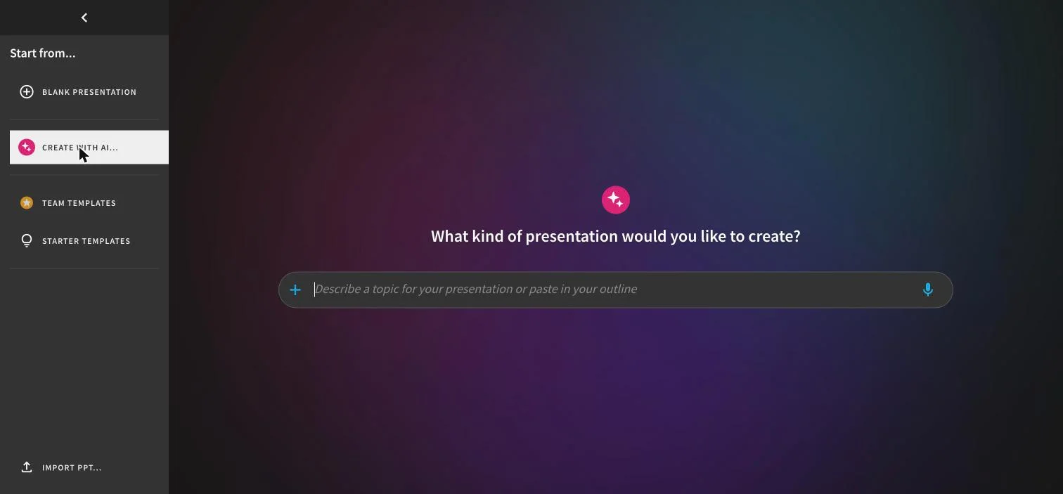 Beautiful.ai's Create with AI prompt screen