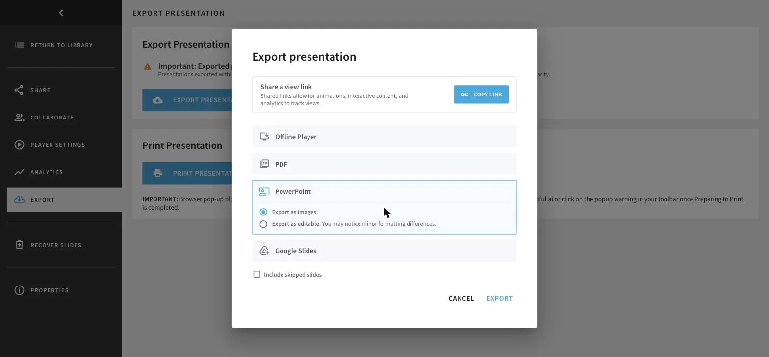Beautiful.ai's PowerPoint export options with Export as images pre-selected and Export as editable as the second choice