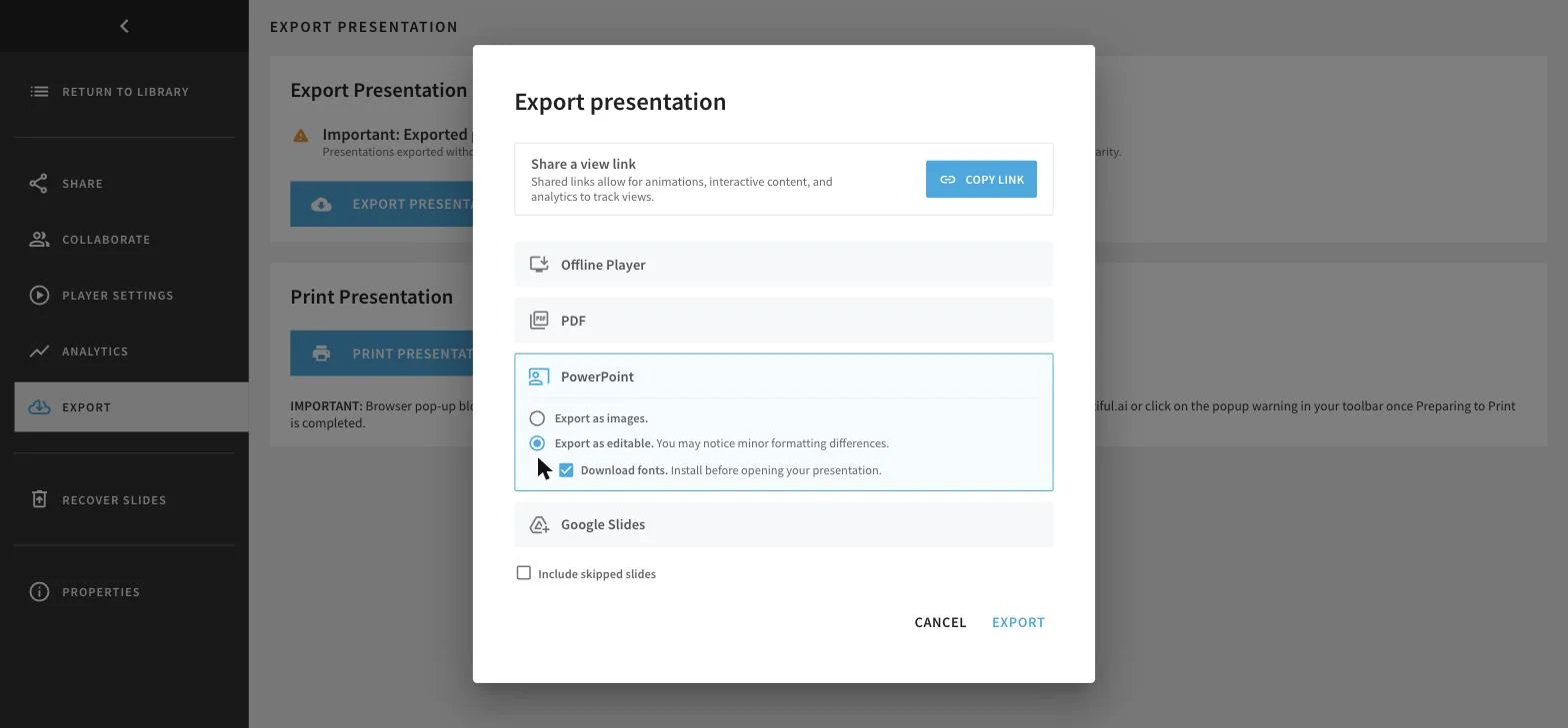 Choosing editable export reveals a ticked Download fonts box, instructing you to install them before opening the file