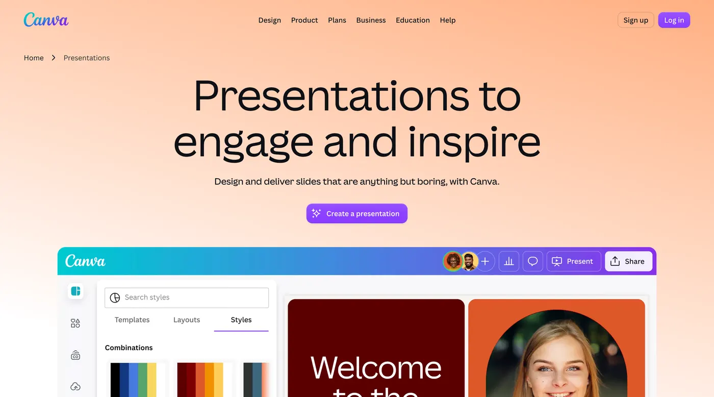 The Canva presentations page promoting AI-generated presentations