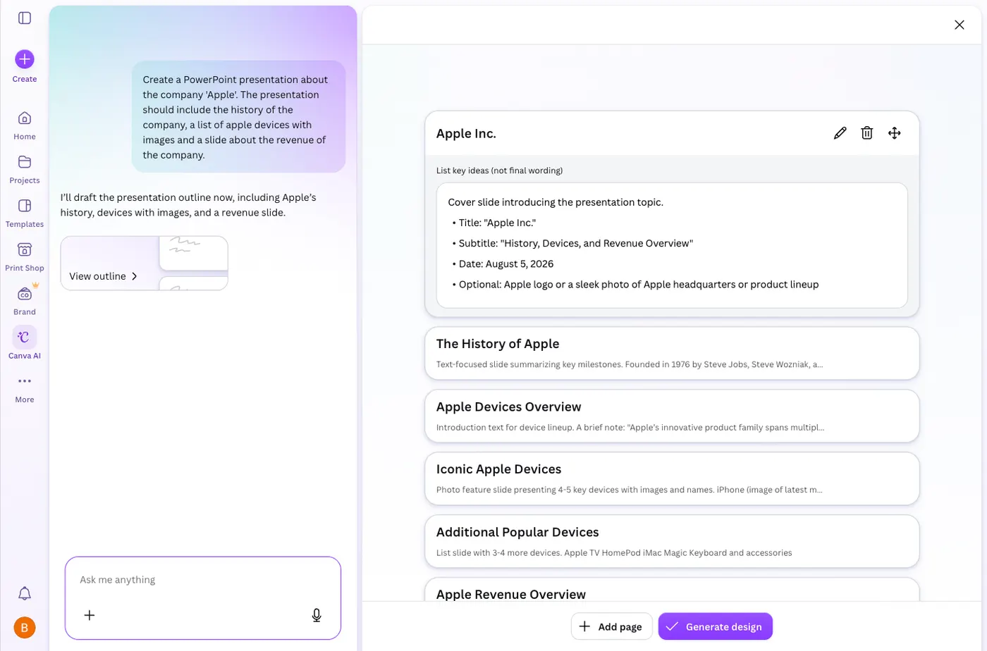 Canva AI showing the drafted outline for the Apple deck before generating any slides