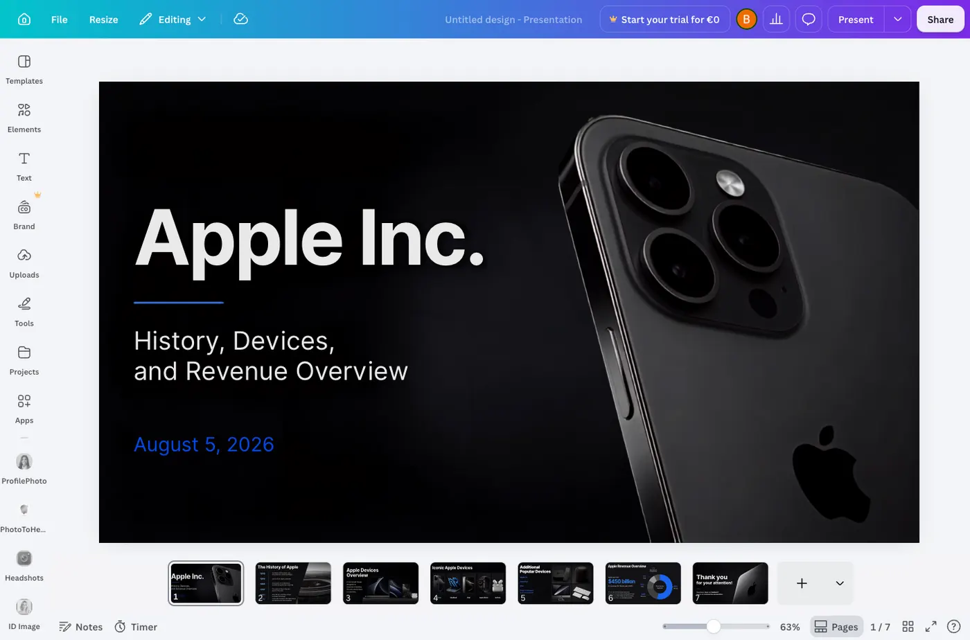 The generated seven-slide Apple deck open in the Canva editor, showing the dark cover slide and page thumbnails
