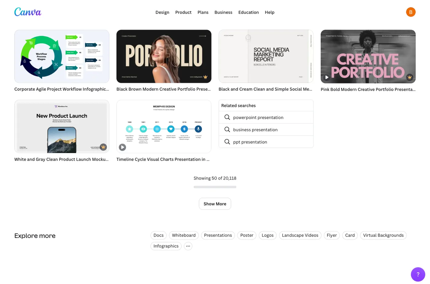 Canva's presentation template search reporting Showing 50 of 20,118 beneath a grid of templates