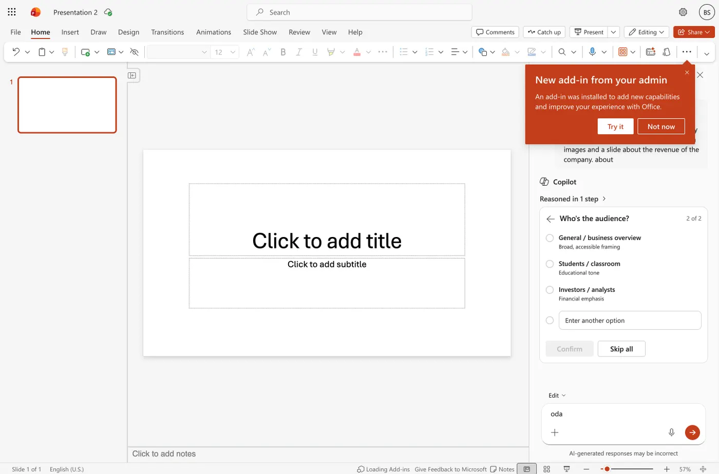 Copilot asking who the audience is, offering a general business overview, students, or investors and analysts