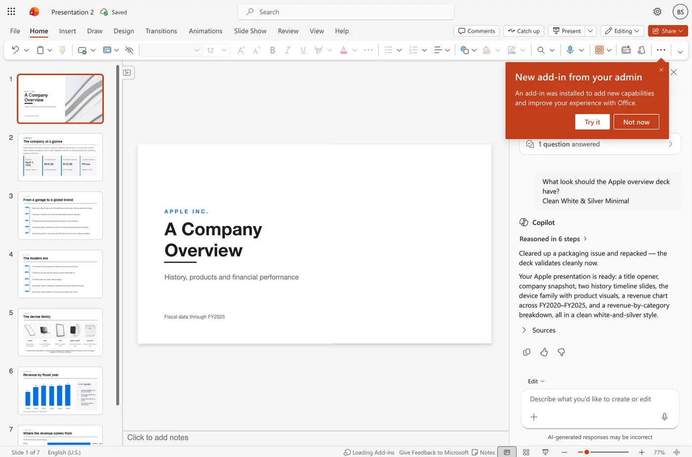The finished seven-slide Copilot deck in PowerPoint for the web with the Copilot pane summarising what it built