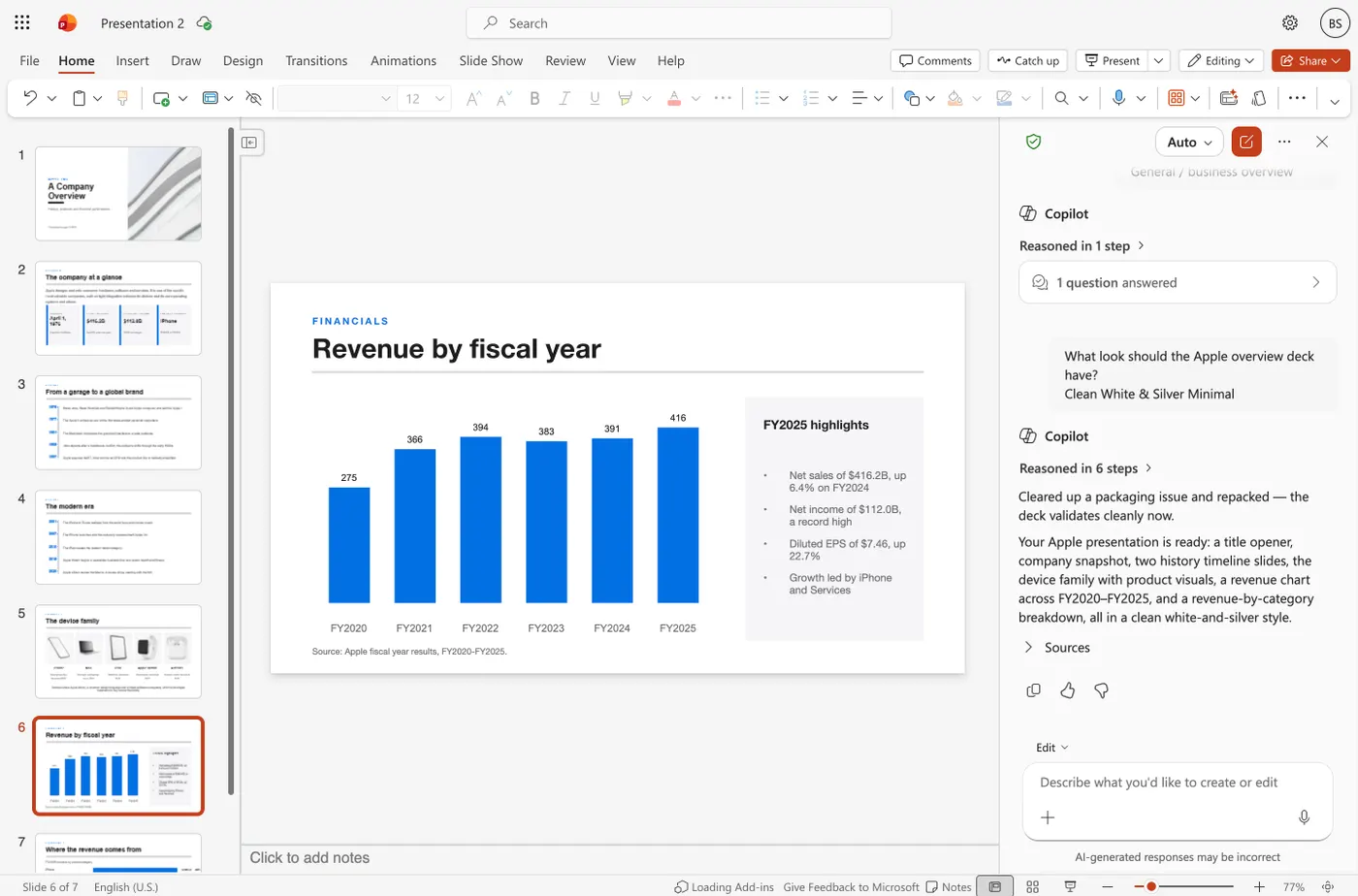 The Copilot revenue slide with a bar chart from FY2020 to FY2025, a FY2025 highlights panel, and a printed source line