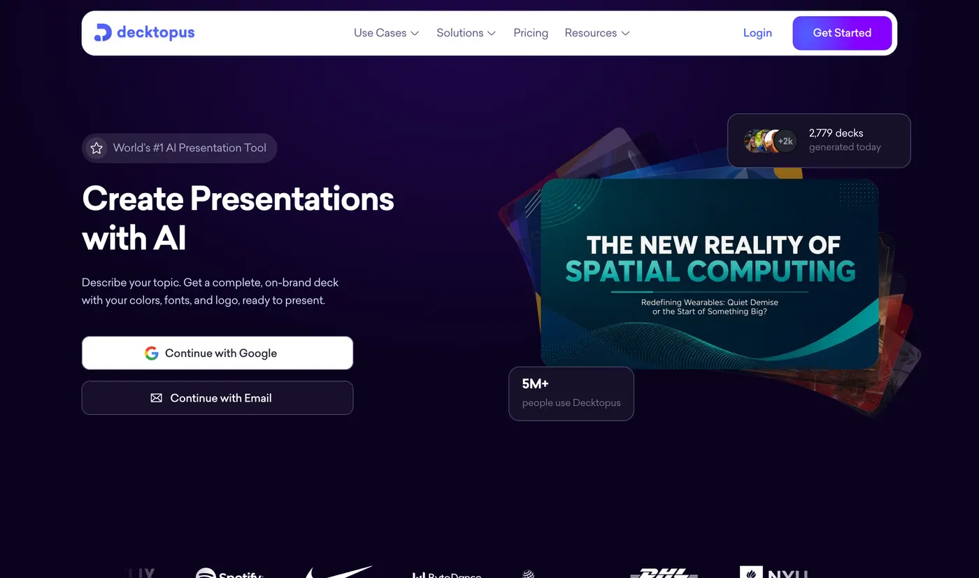 The Decktopus homepage promising a complete, on-brand deck ready to present