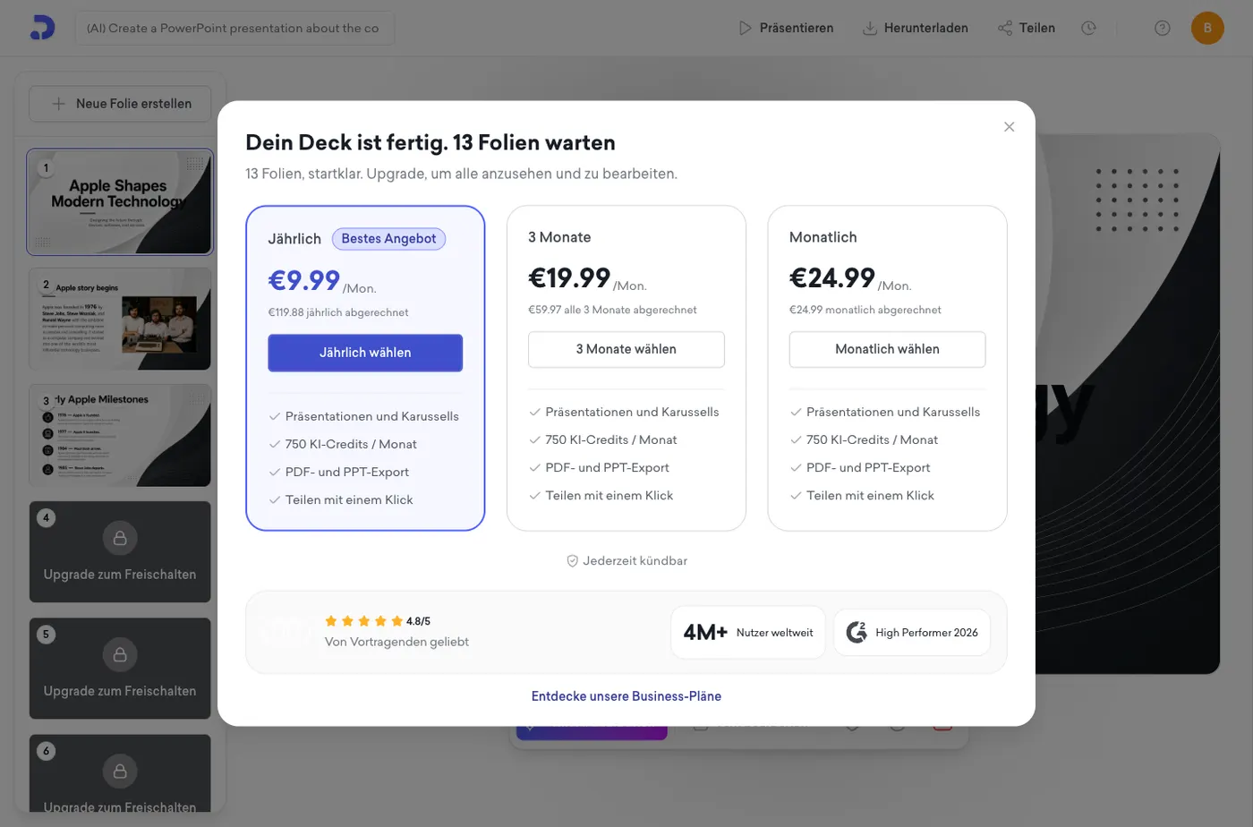 The Decktopus upgrade panel headed your deck is ready, thirteen slides are waiting, listing plans from 9.99 euros a month billed annually