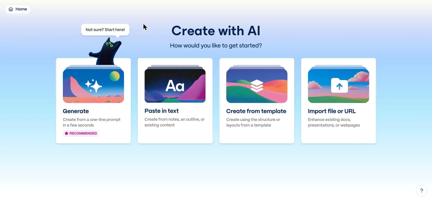 Gamma's Create with AI screen offering Generate, Paste in text, Create from template, and Import file or URL