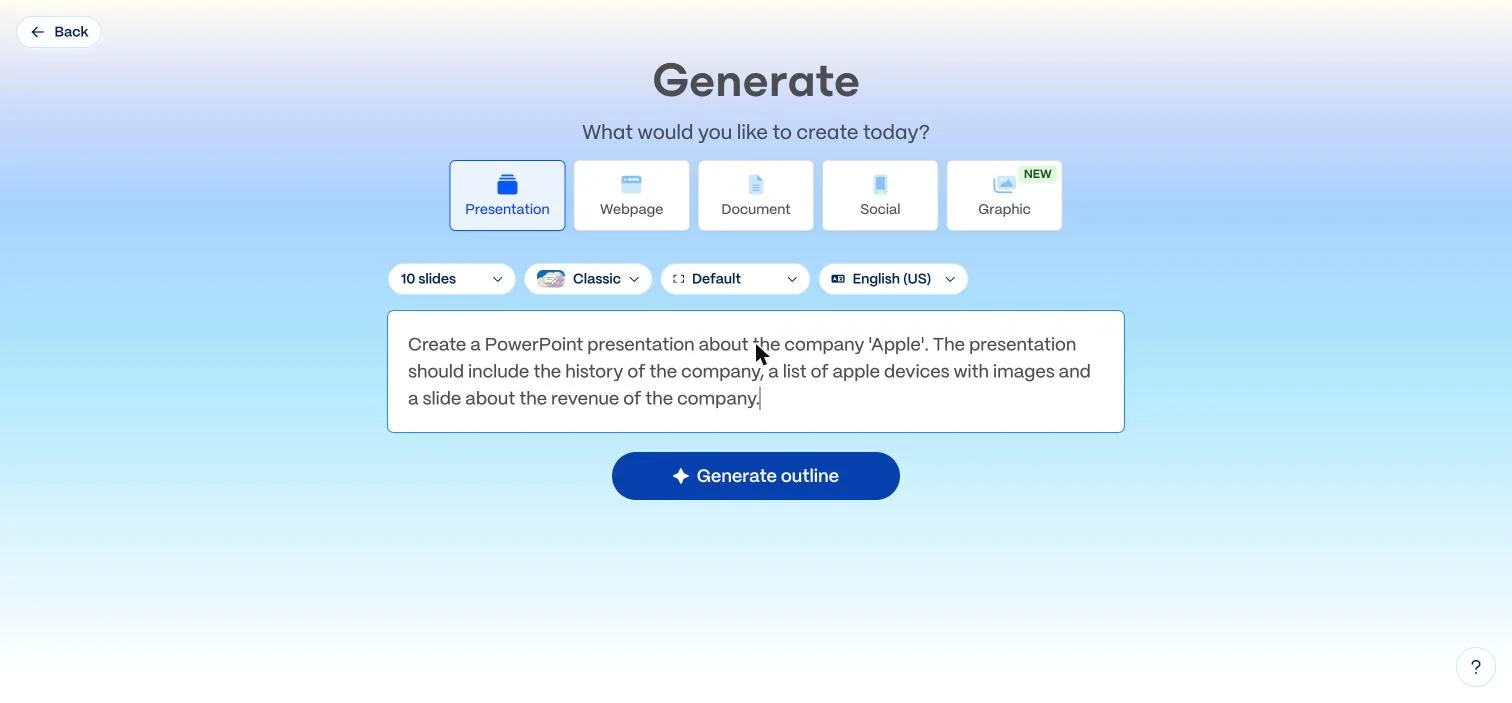 Gamma's Generate screen with the Apple prompt entered, set to ten slides and the Classic theme