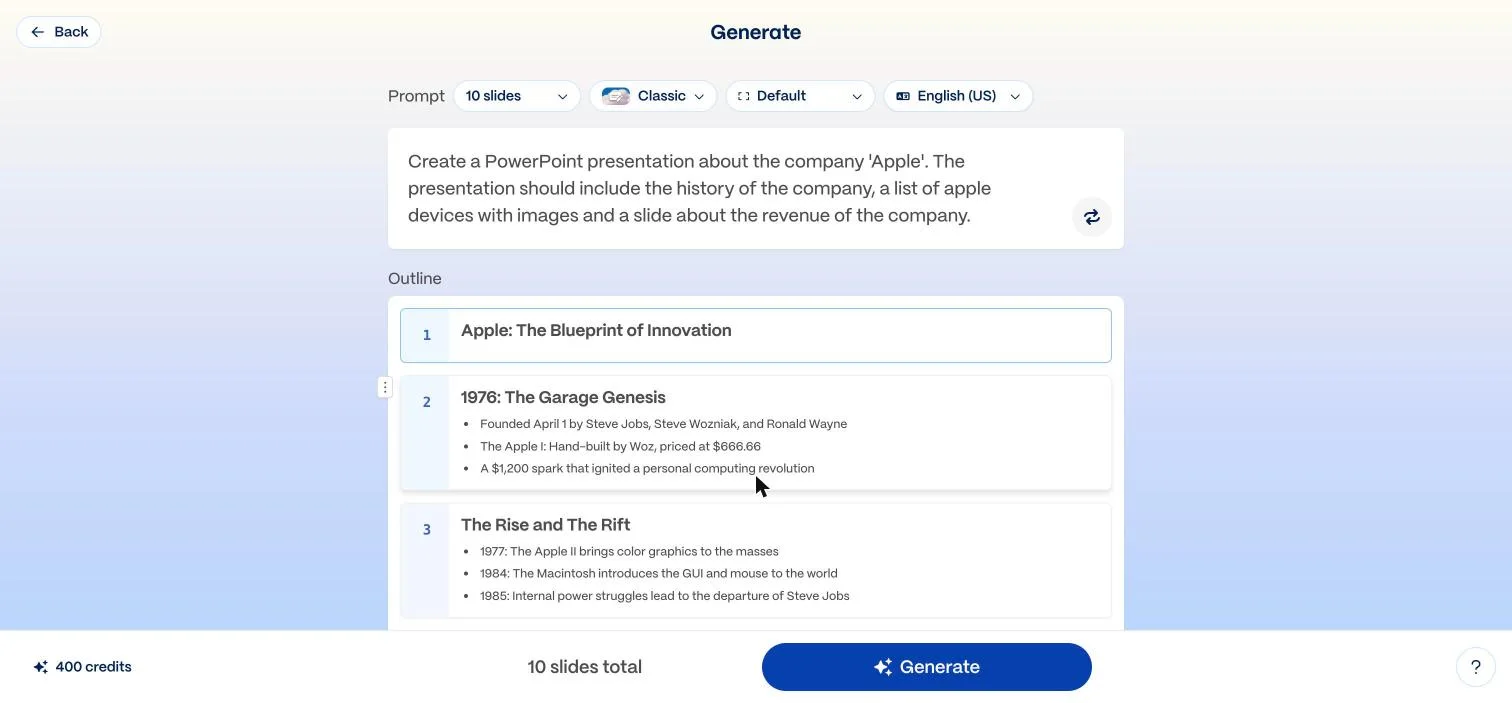 Gamma's editable outline for the Apple deck, showing 400 credits remaining and ten slides total