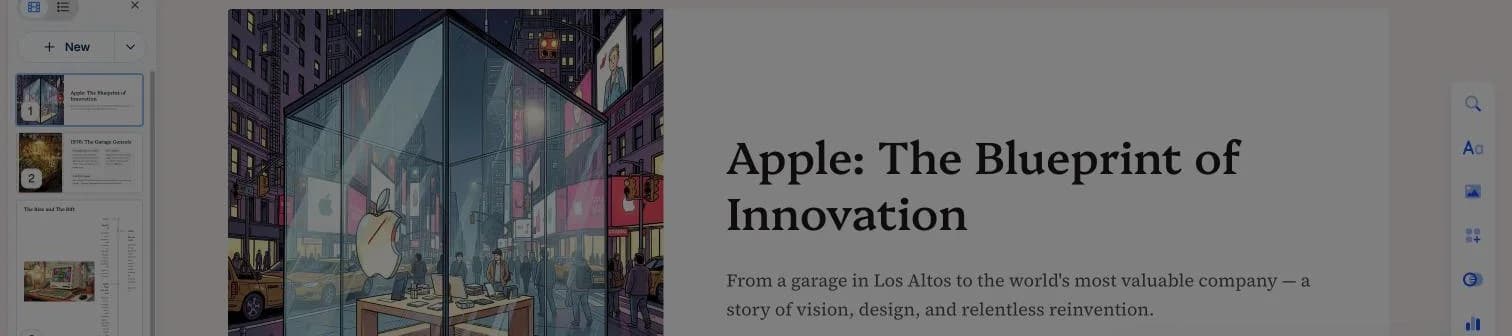The generated Gamma cover slide, with an illustrated Apple Store and the headline Apple: The Blueprint of Innovation