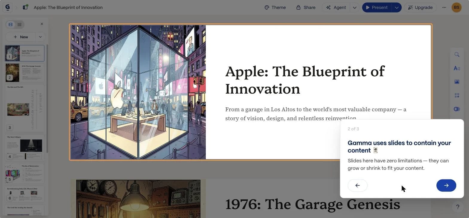 Gamma's onboarding tip explaining that its slides have zero limitations and can grow or shrink to fit your content