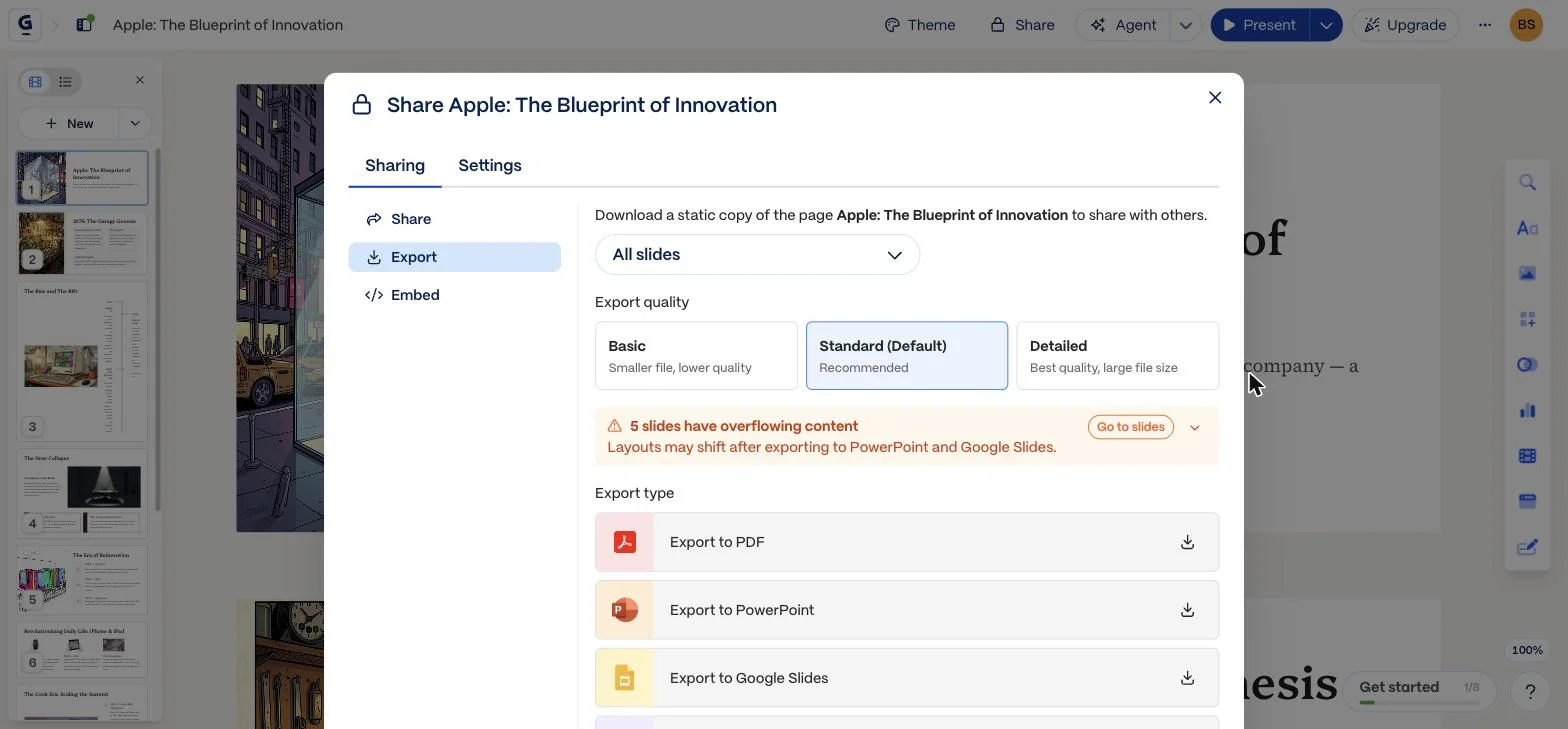 Gamma's export dialog warning that five slides have overflowing content and layouts may shift after exporting to PowerPoint