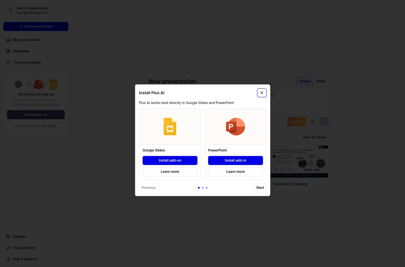 The Plus AI web app promoting its add-on for creating and editing directly in PowerPoint and Google Slides