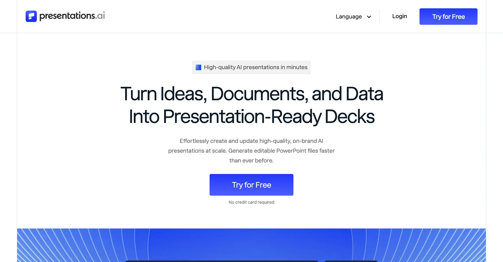The Presentations.ai homepage promising to generate editable PowerPoint files, with a free, no credit card required call to action
