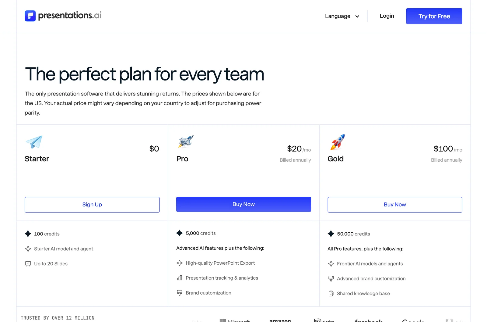 The pricing page showing the free Starter plan alongside Pro at twenty dollars a month, where High-quality PowerPoint Export is listed