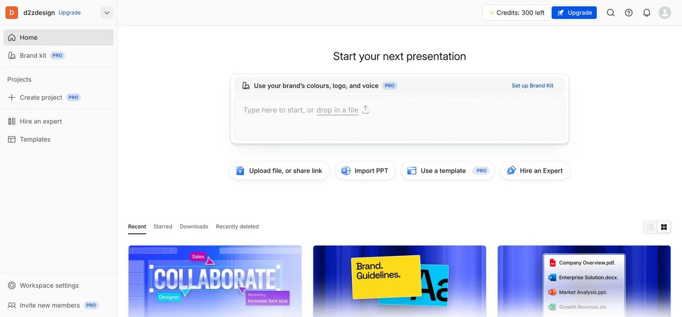 The Presentations.ai dashboard showing 300 credits remaining before generating