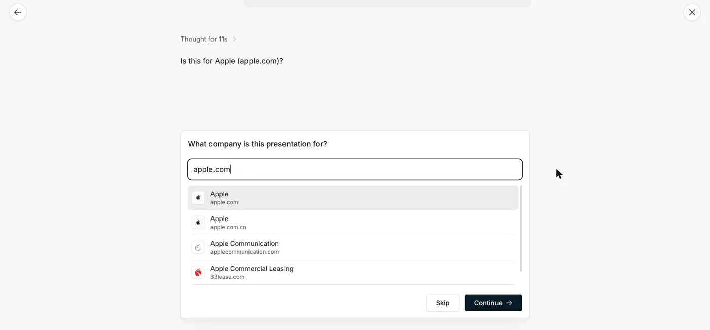 Presentations.ai asking which company the deck is for, offering apple.com from a list of matches