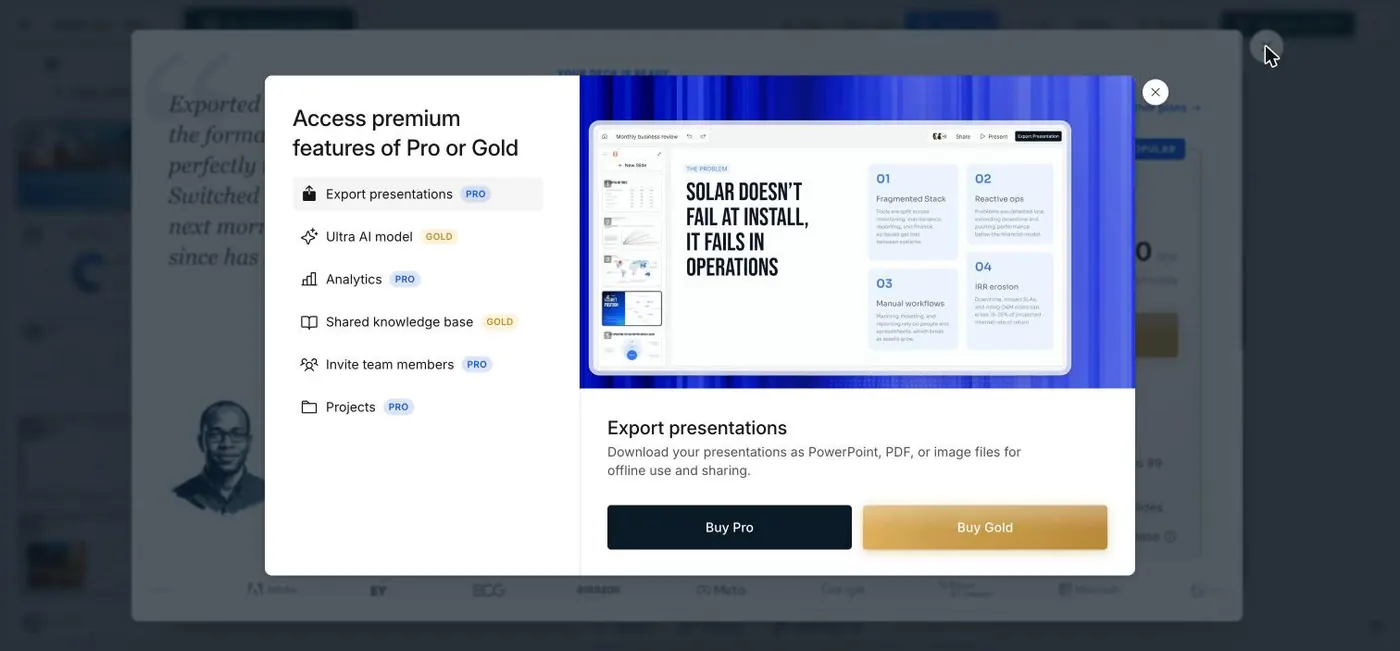 Clicking Export as PPT opens a pricing wall headed Where does this deck go next, offering Pro and Gold plans