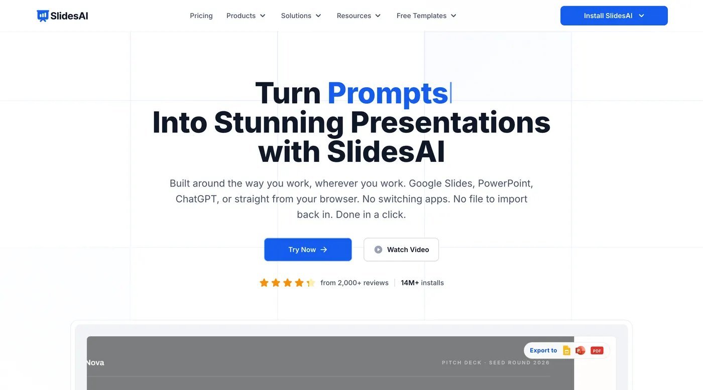 The SlidesAI homepage promising to turn notes, prompts and documents into presentations