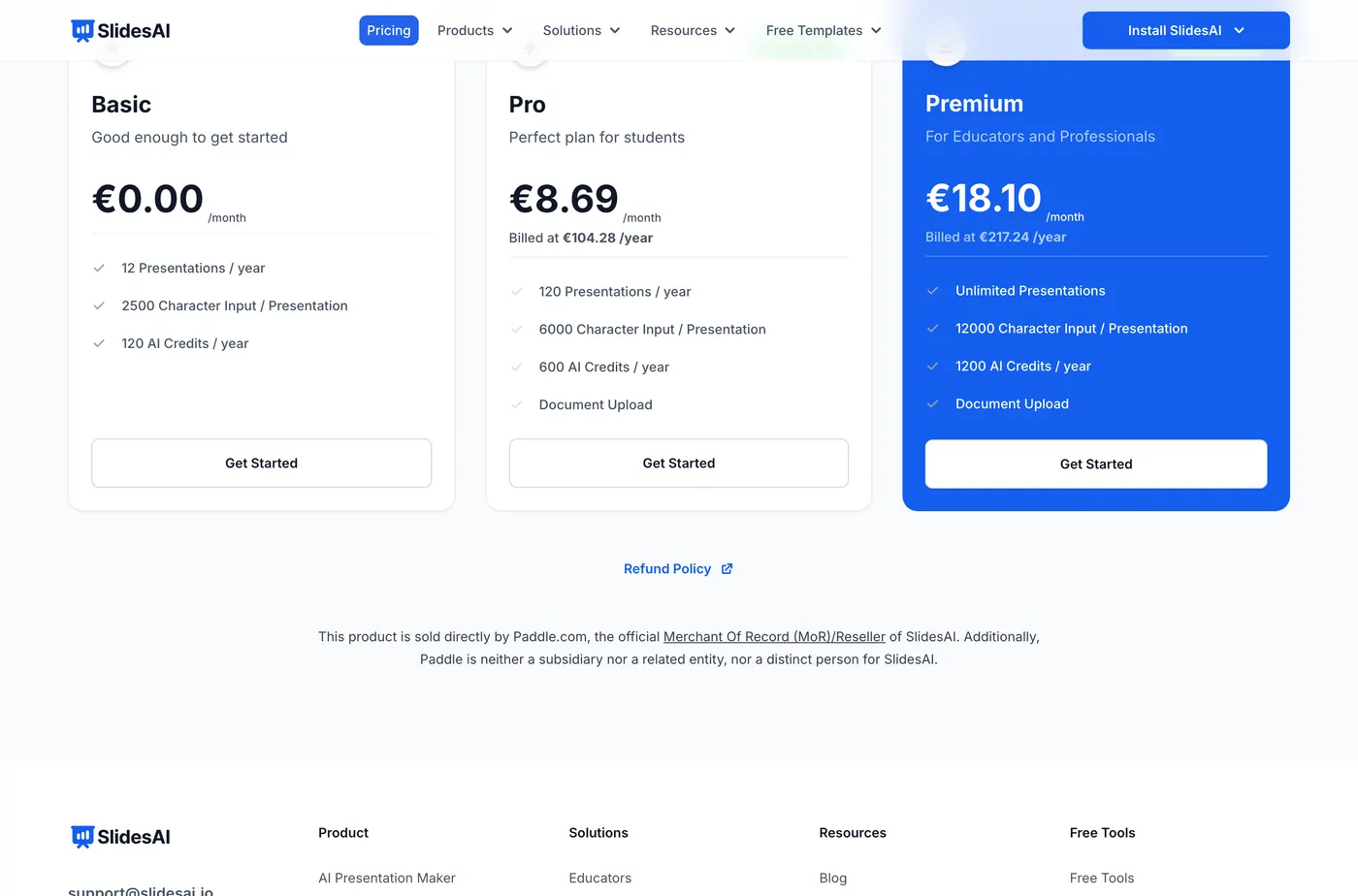 The SlidesAI pricing page advertising the free Basic plan as twelve presentations per year