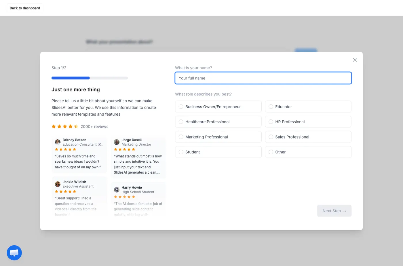 The SlidesAI onboarding form asking for your name and role, blocking the generator
