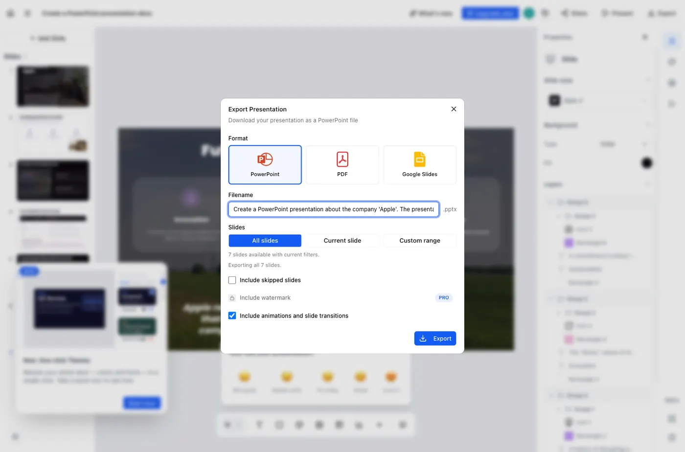 The SlidesAI export dialog offering PowerPoint, PDF and Google Slides formats